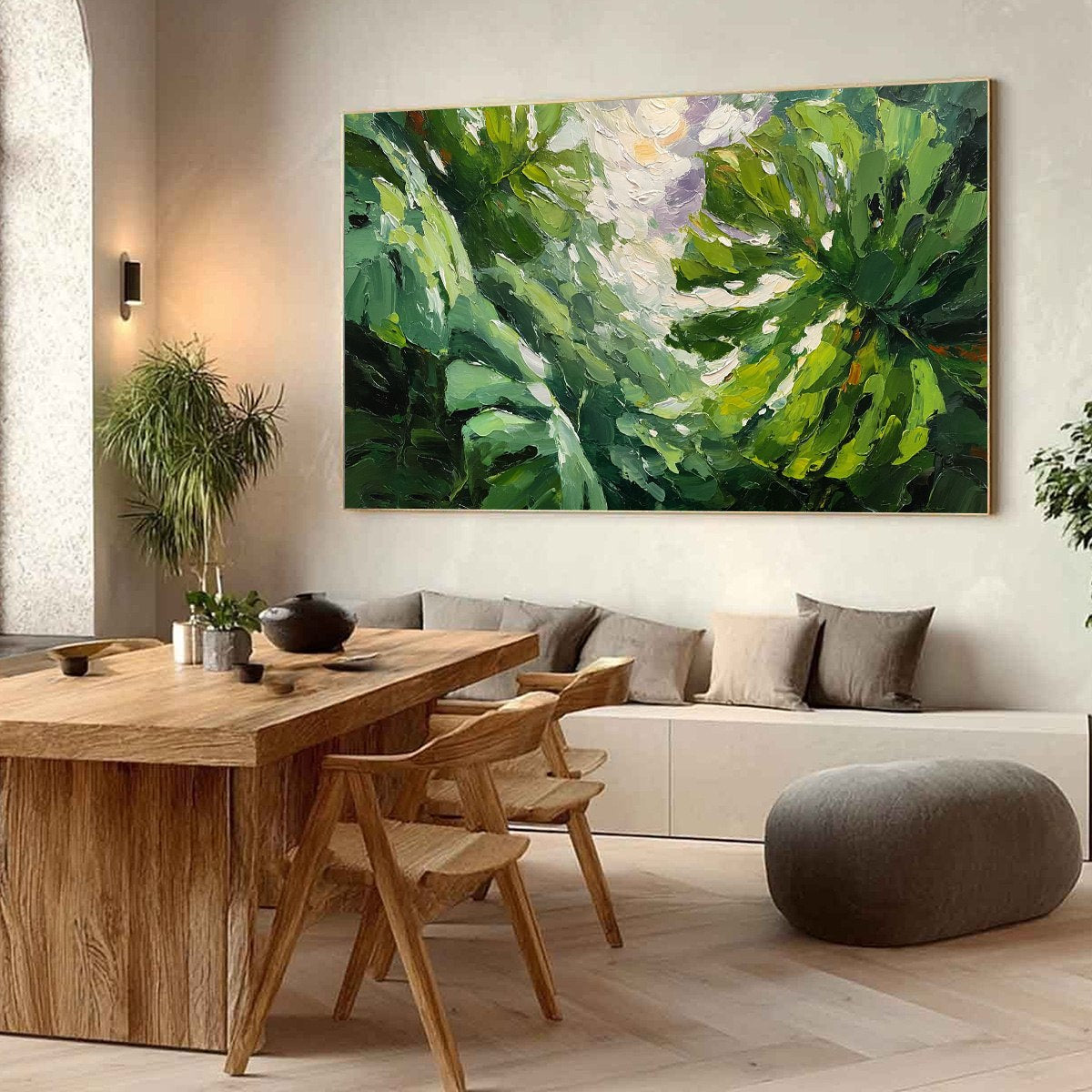 EMERALD GAZE: Textured Palette Knife Painting of Sunlit Tropical Leaves - Image 7