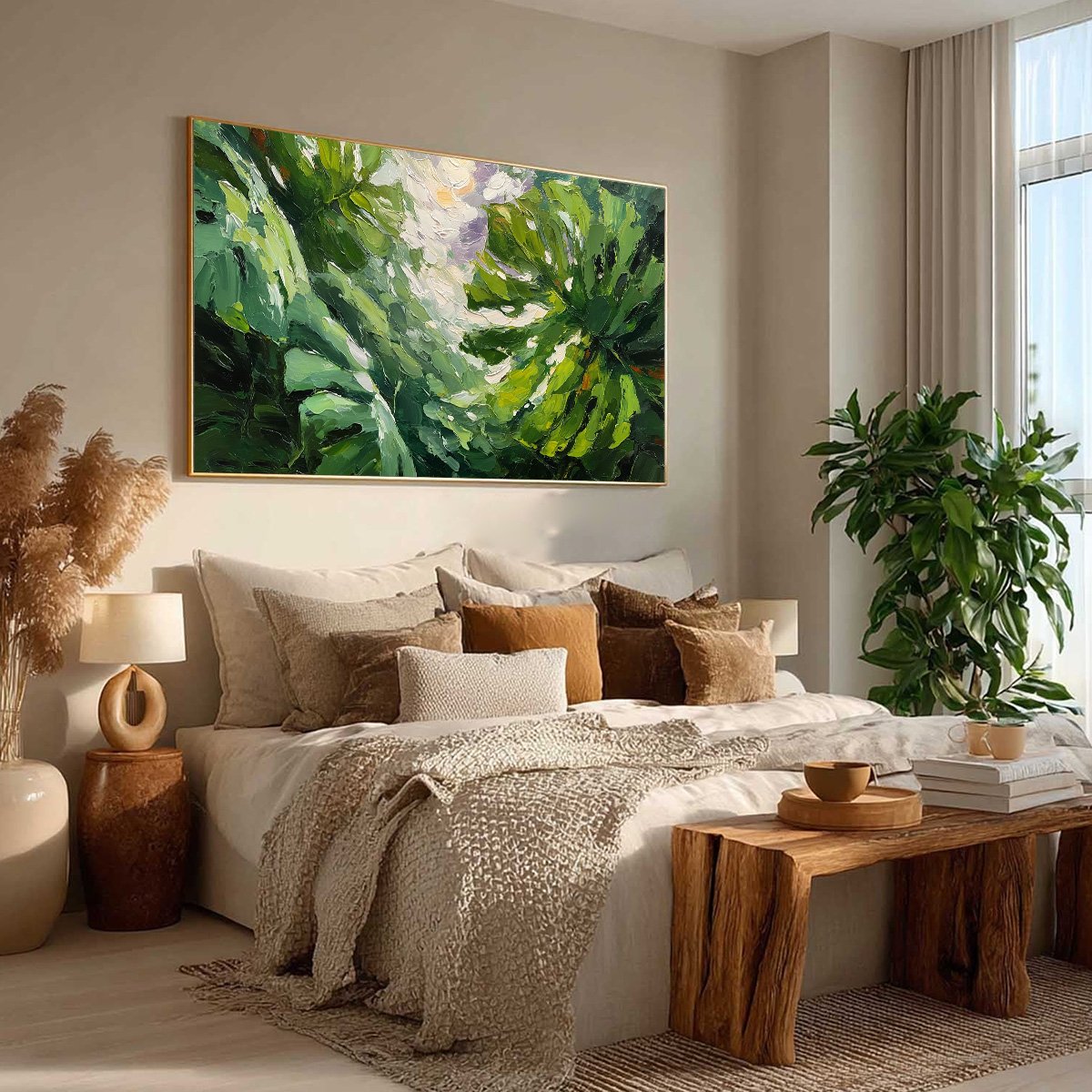 EMERALD GAZE: Textured Palette Knife Painting of Sunlit Tropical Leaves - Image 8