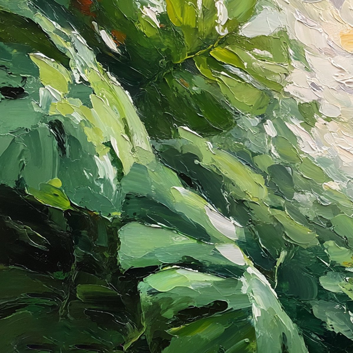 EMERALD GAZE: Textured Palette Knife Painting of Sunlit Tropical Leaves - Image 3