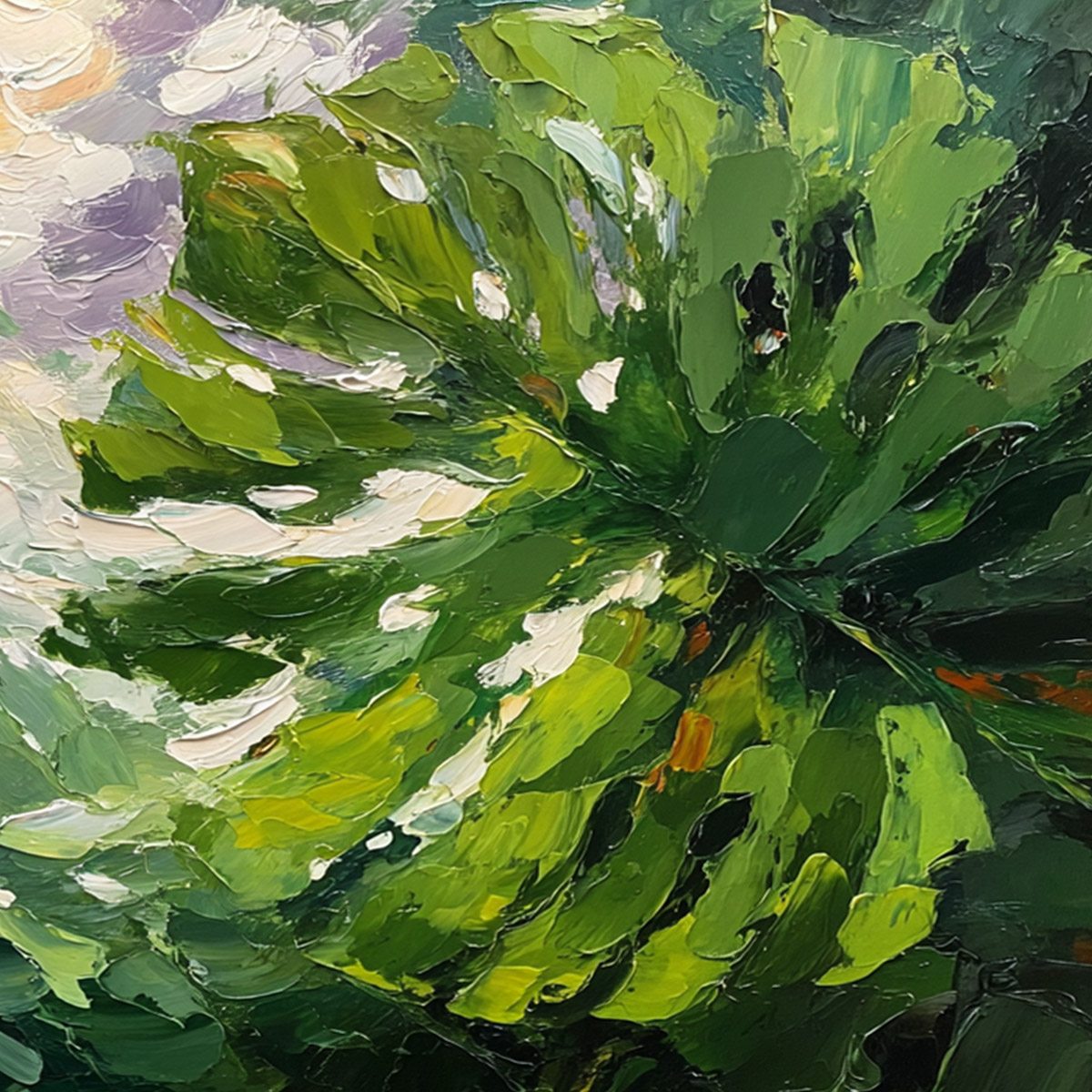 EMERALD GAZE: Textured Palette Knife Painting of Sunlit Tropical Leaves - Image 5