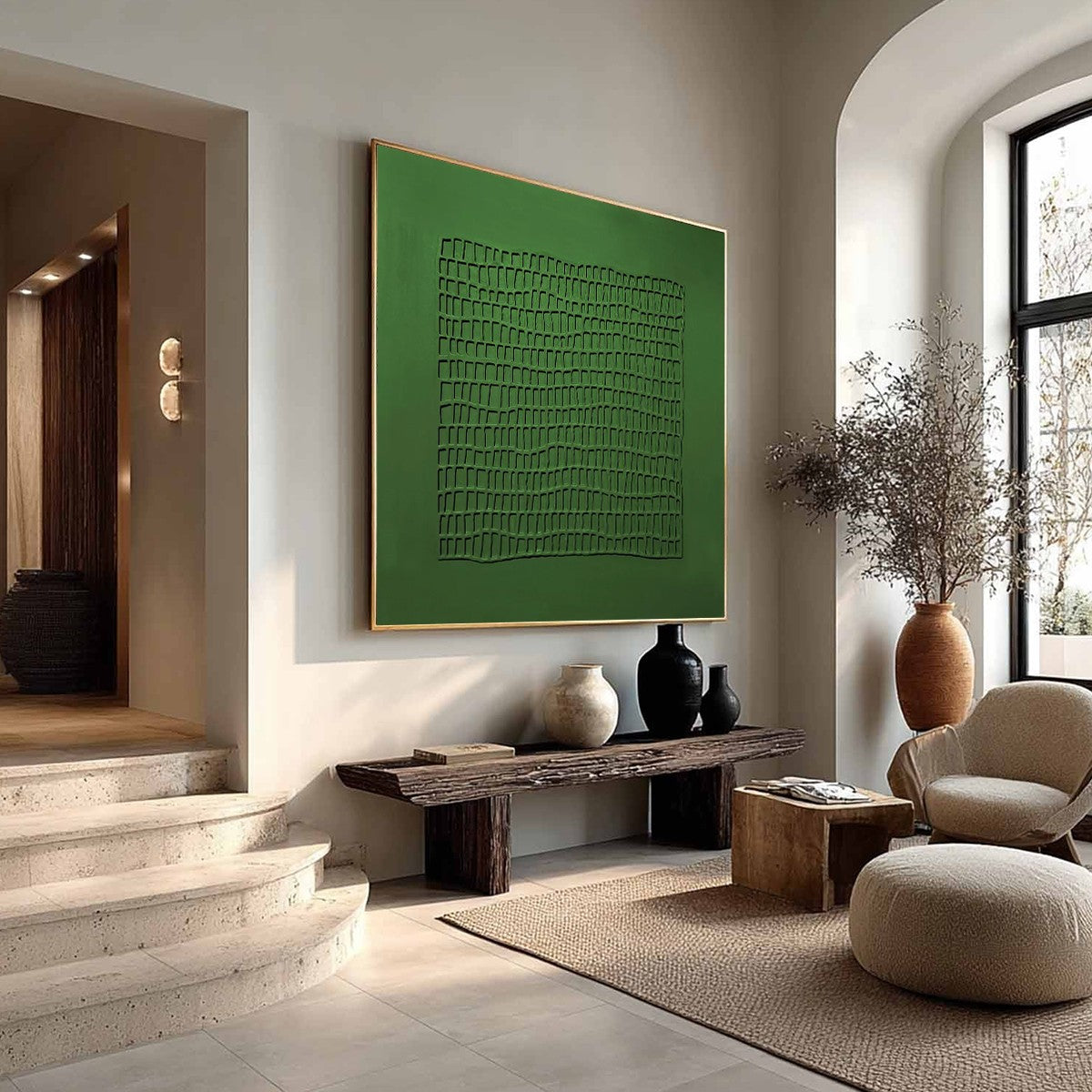 EMERALD GRID: Minimalist Textured Abstract Oil Painting - Image 8