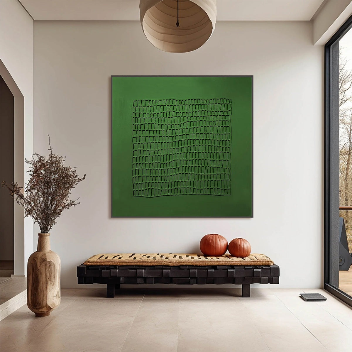 EMERALD GRID: Minimalist Textured Abstract Oil Painting - Image 2
