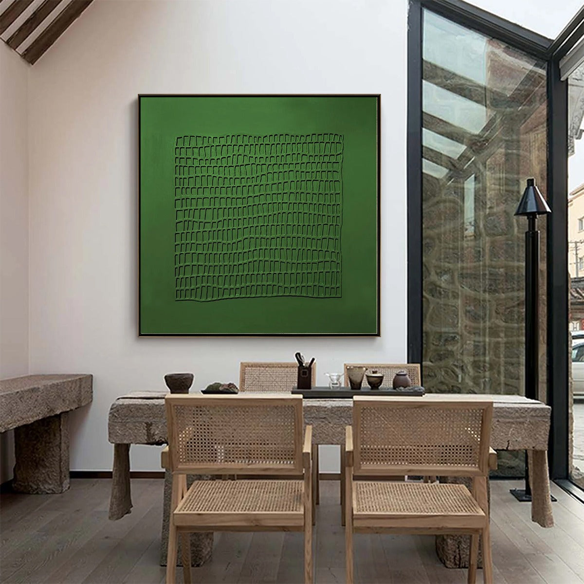EMERALD GRID: Minimalist Textured Abstract Oil Painting - Image 4