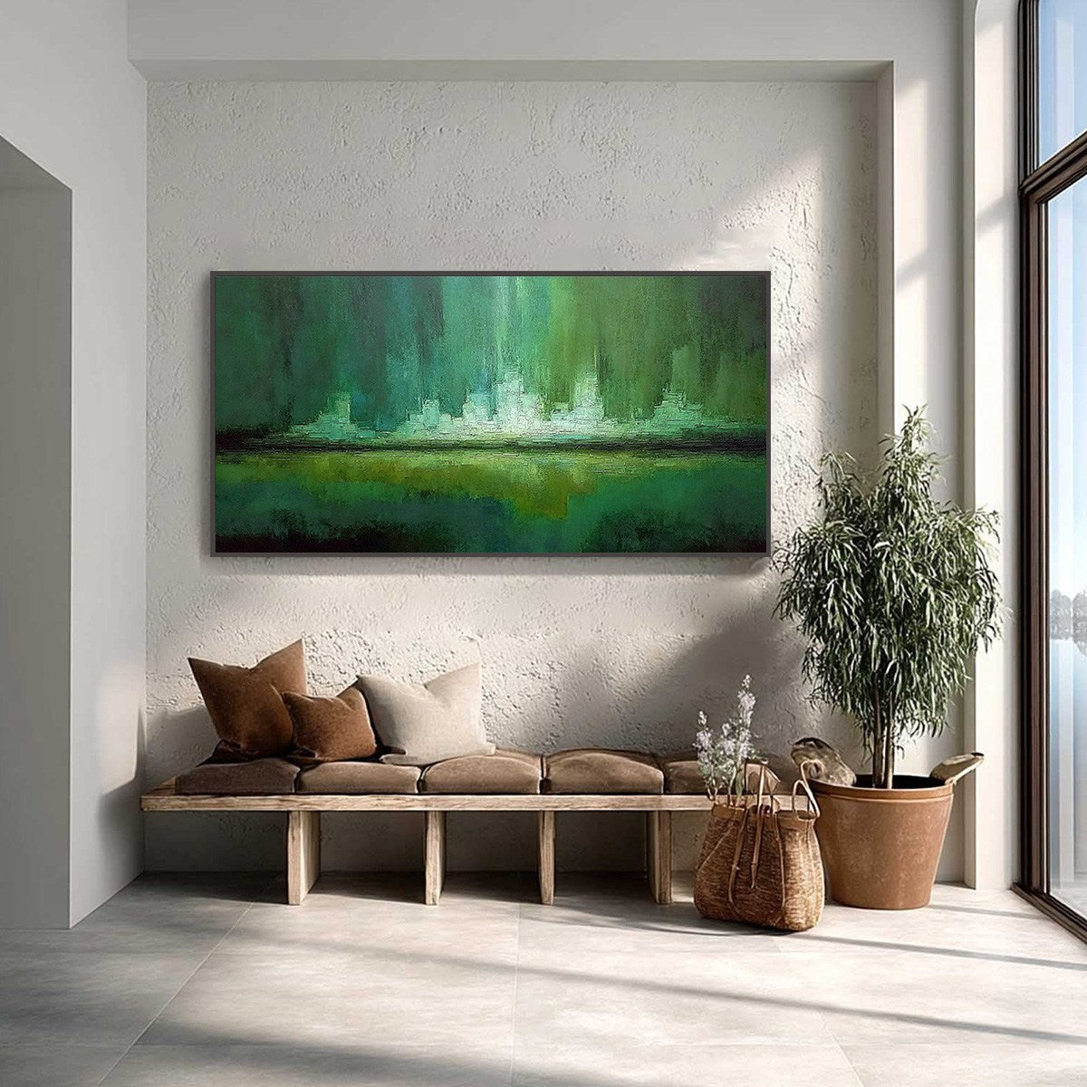 EMERALD HORIZON: Abstract Green Textured Cityscape Oil Painting - Image 2