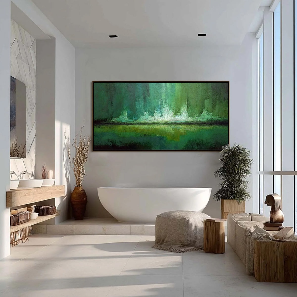 EMERALD HORIZON: Abstract Green Textured Cityscape Oil Painting - Image 4