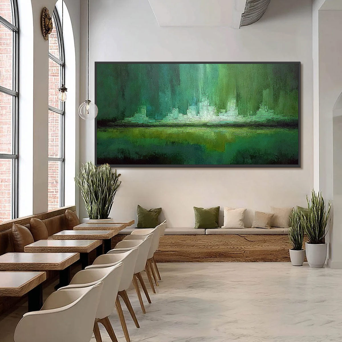 EMERALD HORIZON: Abstract Green Textured Cityscape Oil Painting - Image 6