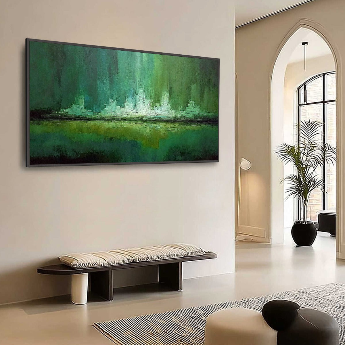 EMERALD HORIZON: Abstract Green Textured Cityscape Oil Painting - Image 7