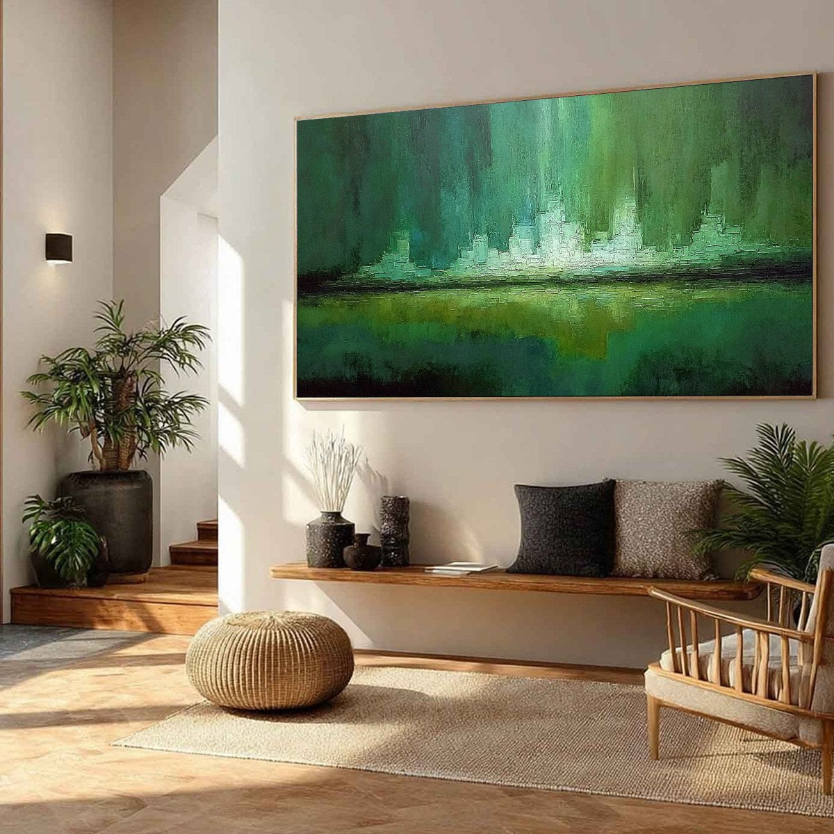 EMERALD HORIZON: Abstract Green Textured Cityscape Oil Painting - Image 8