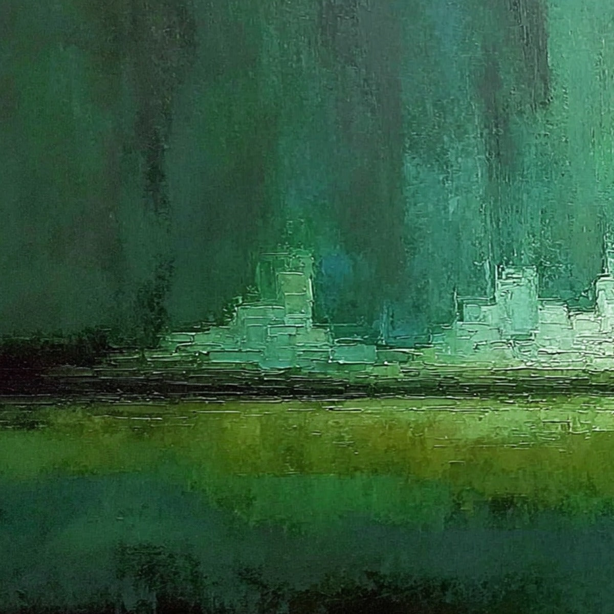 EMERALD HORIZON: Abstract Green Textured Cityscape Oil Painting - Image 3