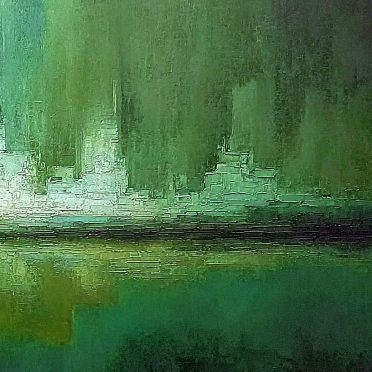 EMERALD HORIZON: Abstract Green Textured Cityscape Oil Painting - Image 5