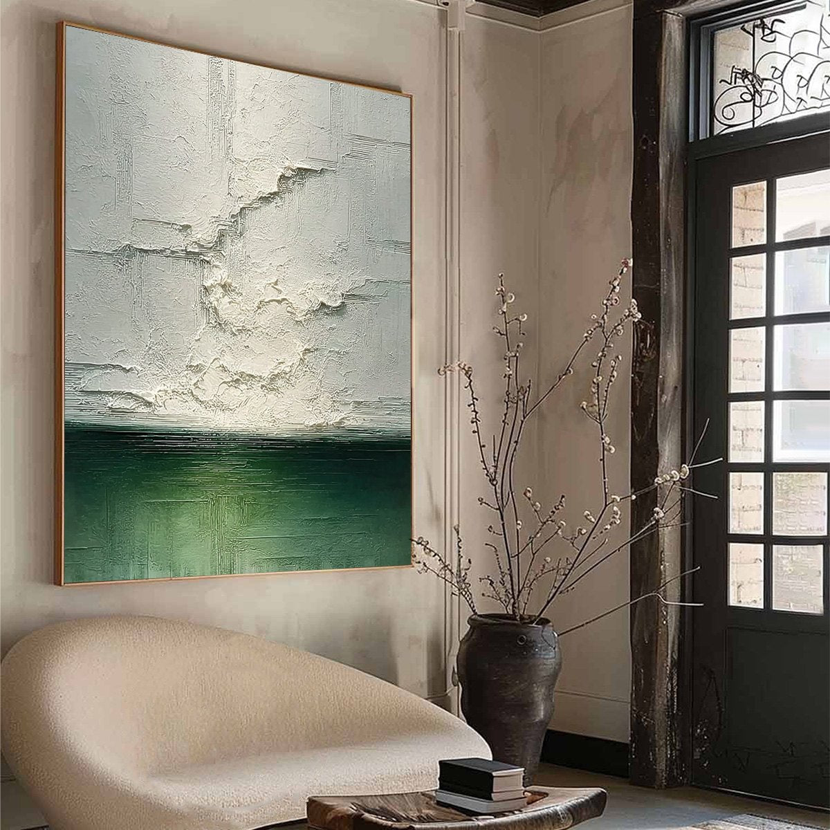 EMERALD HORIZON: Heavily Textured Wabi Sabi Abstract Seascape Painting - Image 8