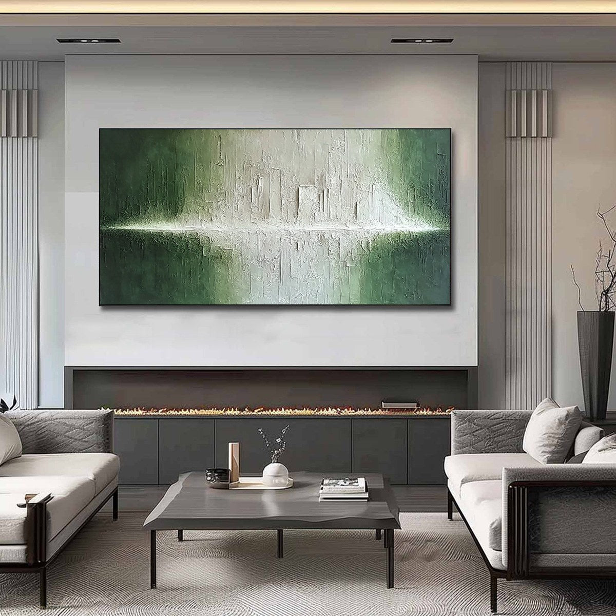 EMERALD HORIZON: Large Textured Green and White Abstract Cityscape Painting - Image 2