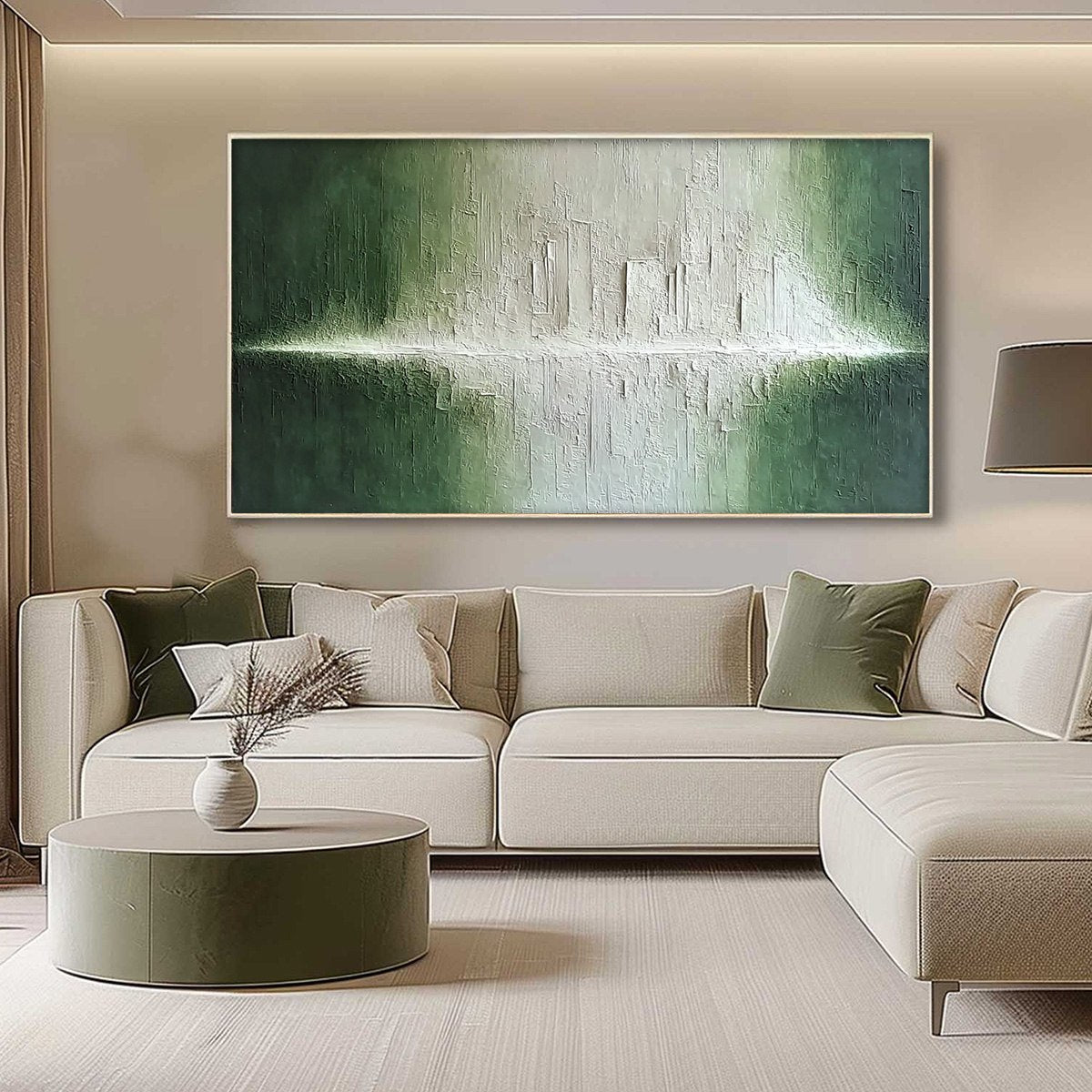 EMERALD HORIZON: Large Textured Green and White Abstract Cityscape Painting - Image 4
