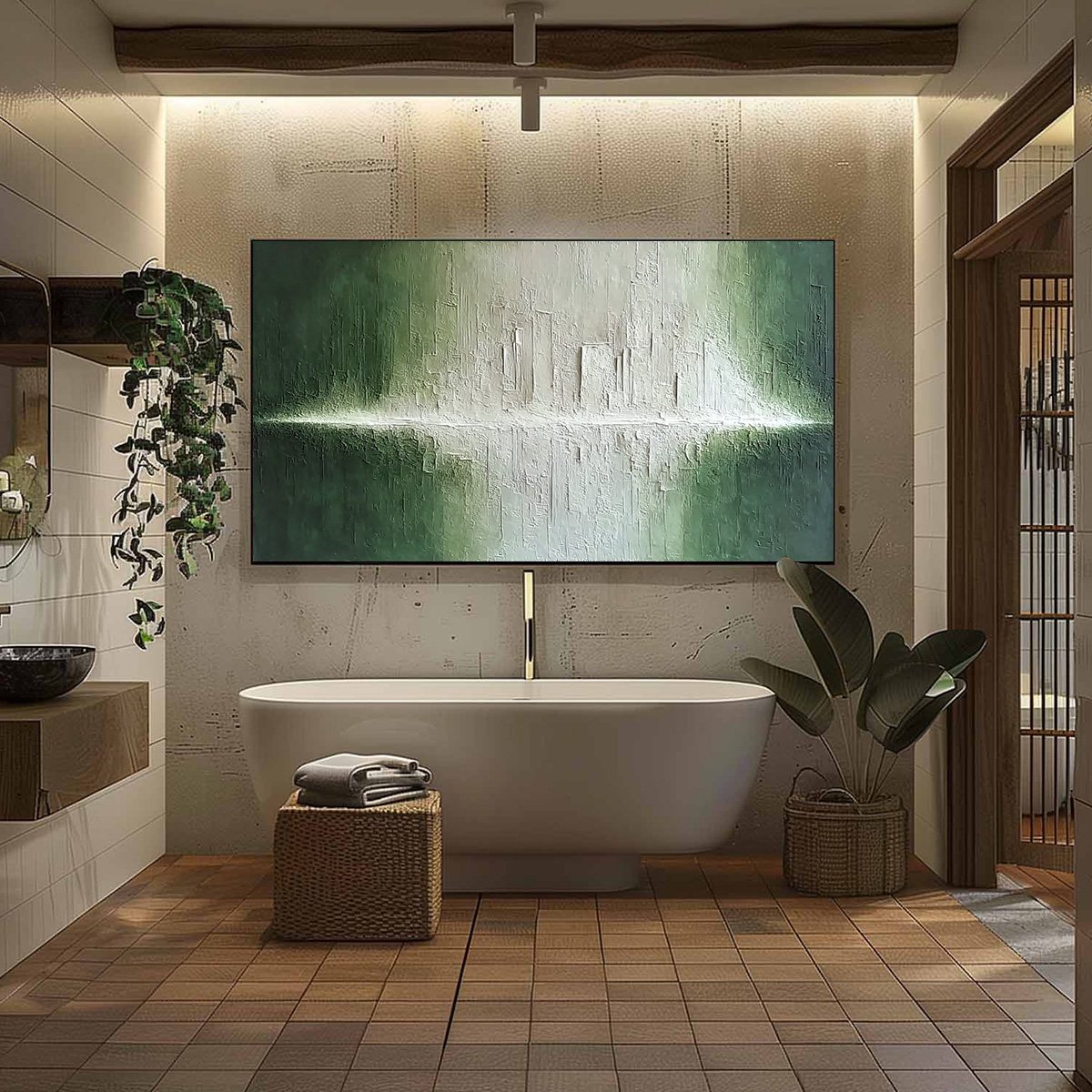 EMERALD HORIZON: Large Textured Green and White Abstract Cityscape Painting - Image 6