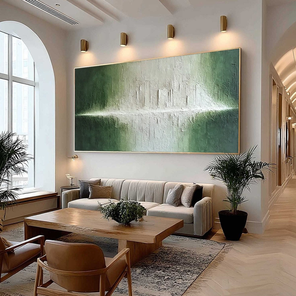 EMERALD HORIZON: Large Textured Green and White Abstract Cityscape Painting - Image 7