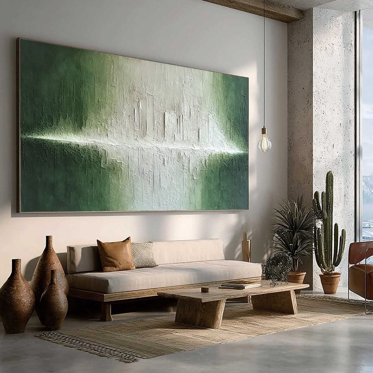 EMERALD HORIZON: Large Textured Green and White Abstract Cityscape Painting - Image 8