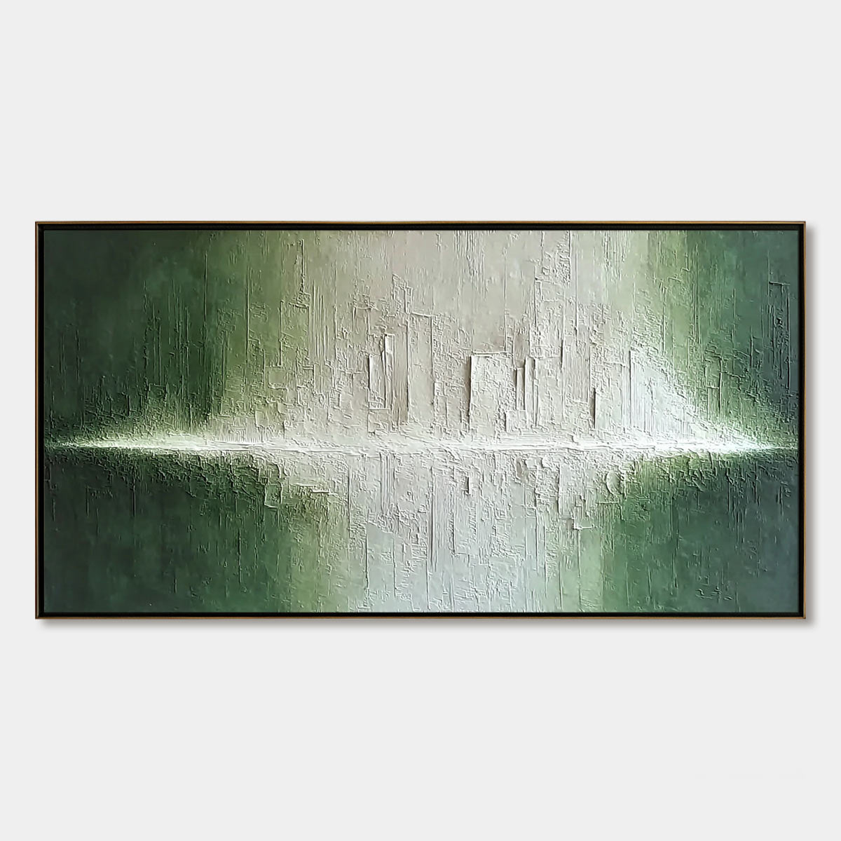EMERALD HORIZON: Large Textured Green and White Abstract Cityscape Painting