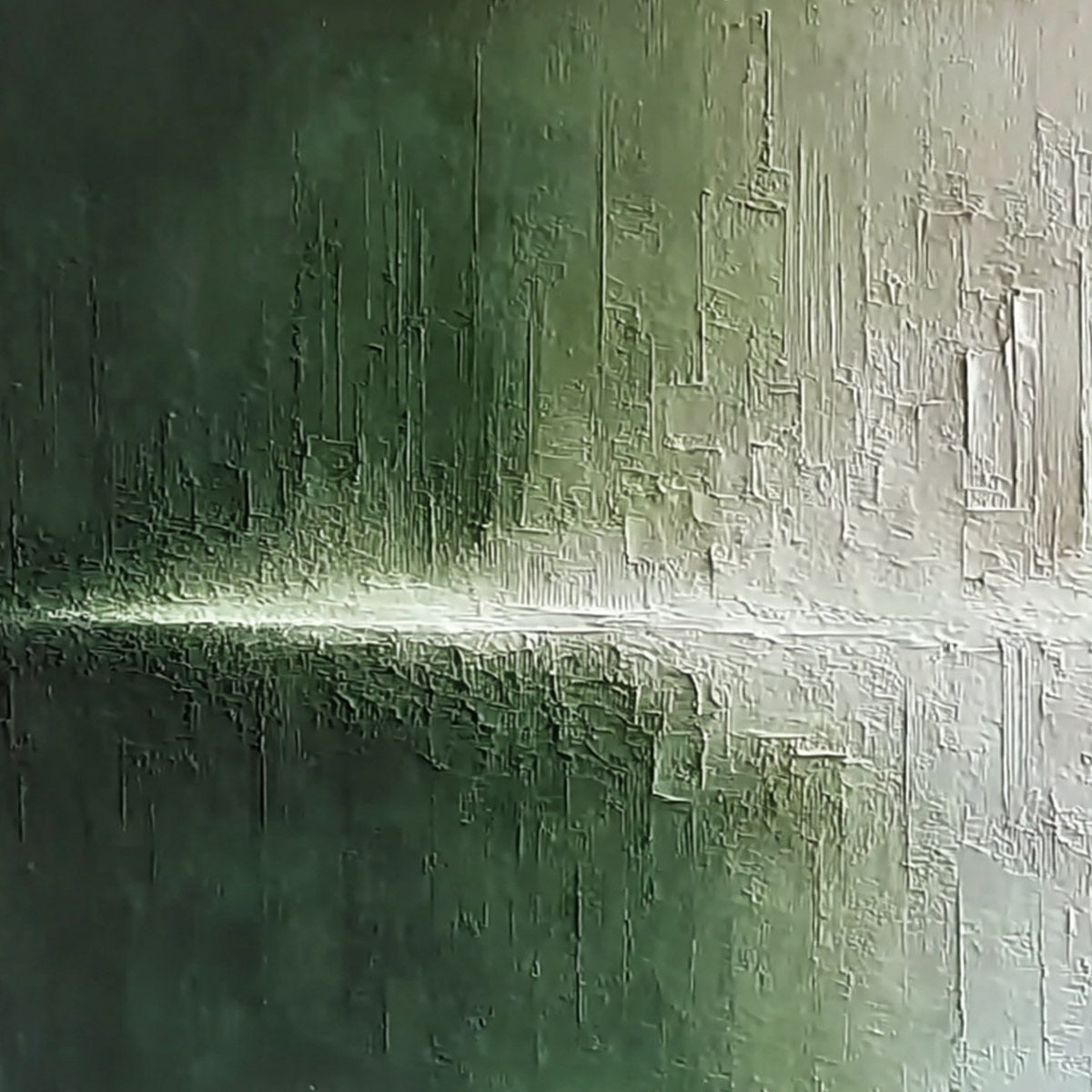 EMERALD HORIZON: Large Textured Green and White Abstract Cityscape Painting - Image 3