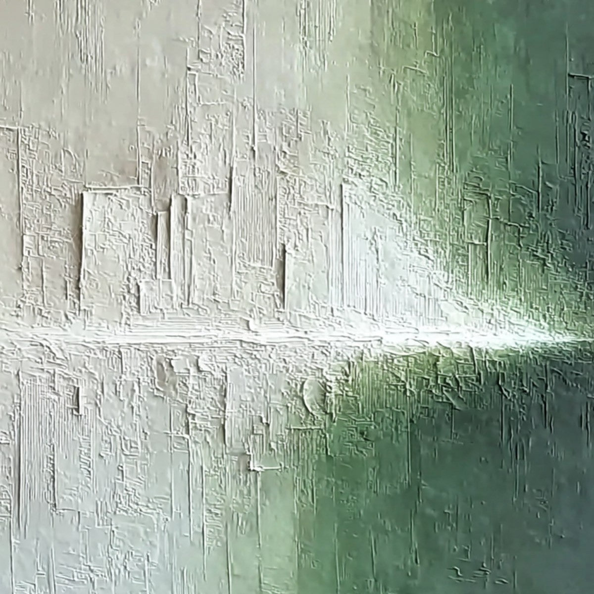 EMERALD HORIZON: Large Textured Green and White Abstract Cityscape Painting - Image 5