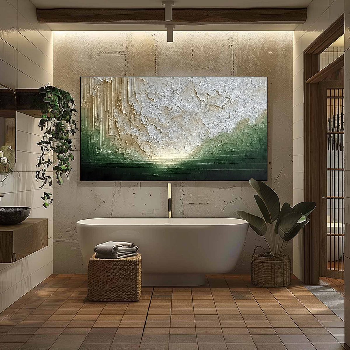 EMERALD HORIZON: Textured Wabi Sabi Abstract Landscape Painting - Image 6