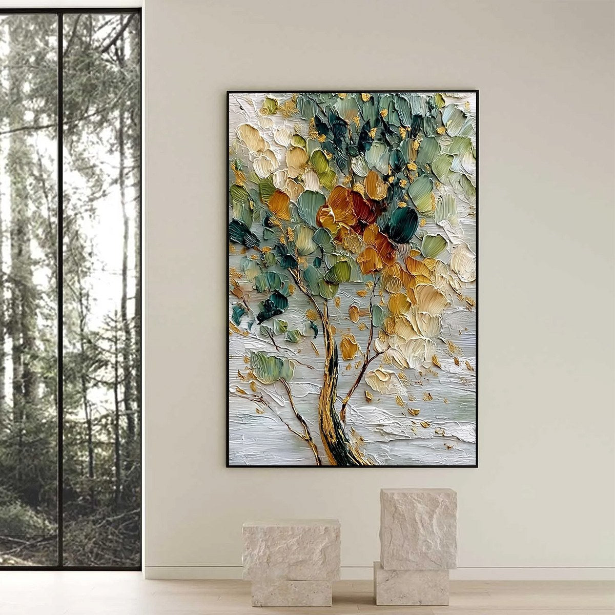 EMERALD JEWEL TREE: Textured Palette Knife Tree Painting with Golden Accents - Image 6