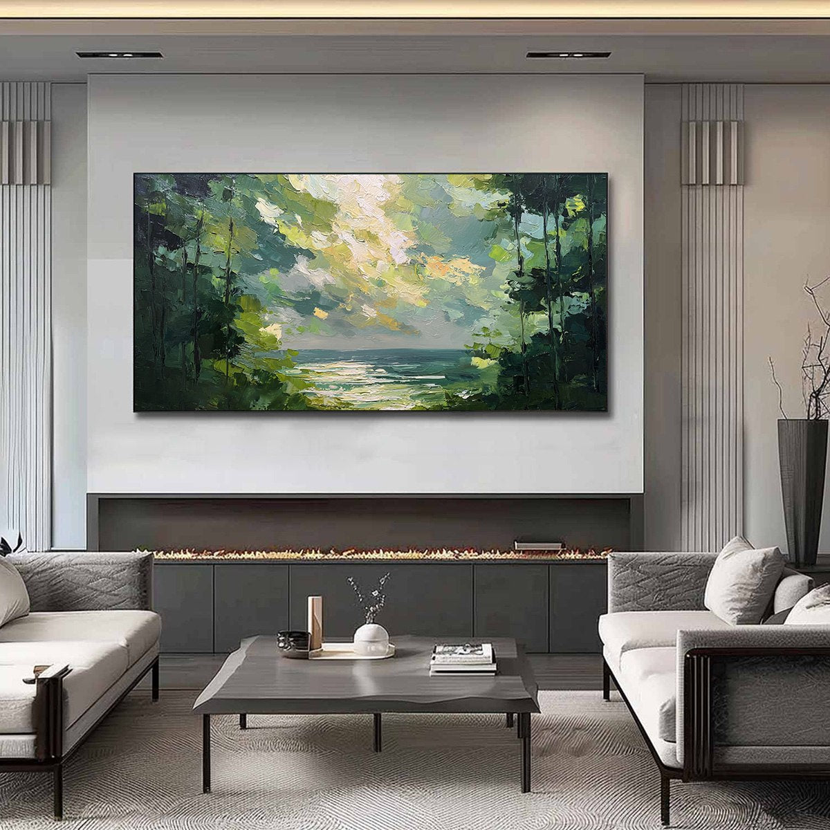 EMERALD OVERLOOK: Textured Palette Knife Seascape Forest Painting - Image 2