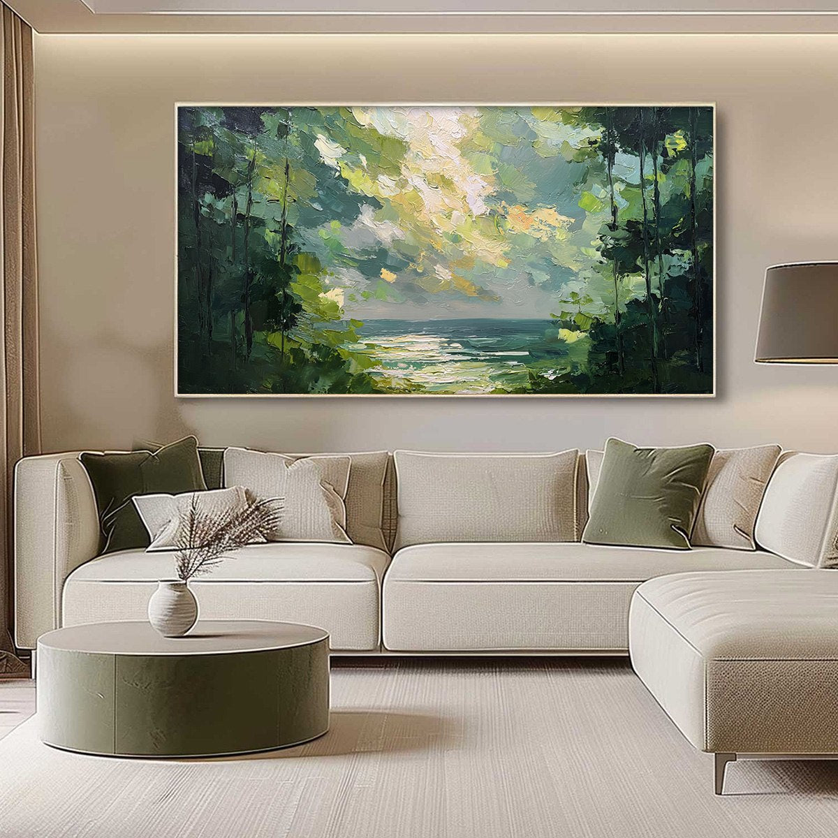 EMERALD OVERLOOK: Textured Palette Knife Seascape Forest Painting - Image 4