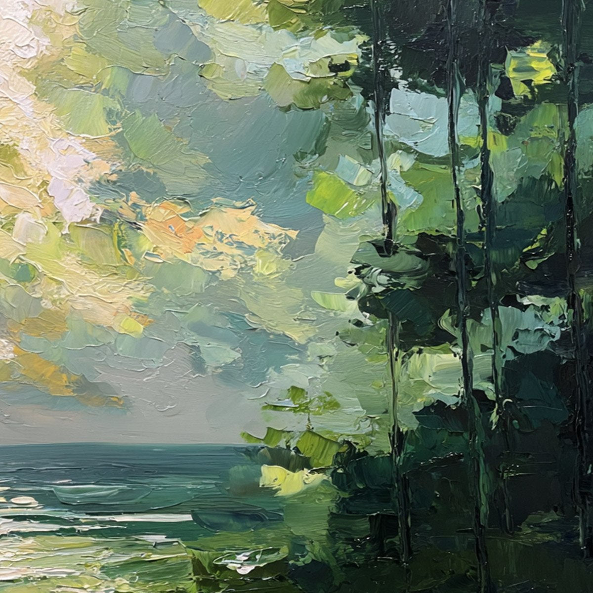 EMERALD OVERLOOK: Textured Palette Knife Seascape Forest Painting - Image 5
