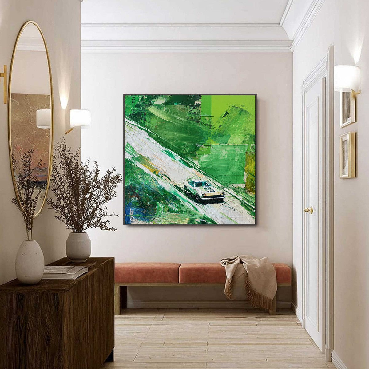 EMERALD RUSH: Textured Sports Car Racing Impasto Oil Painting - Image 6