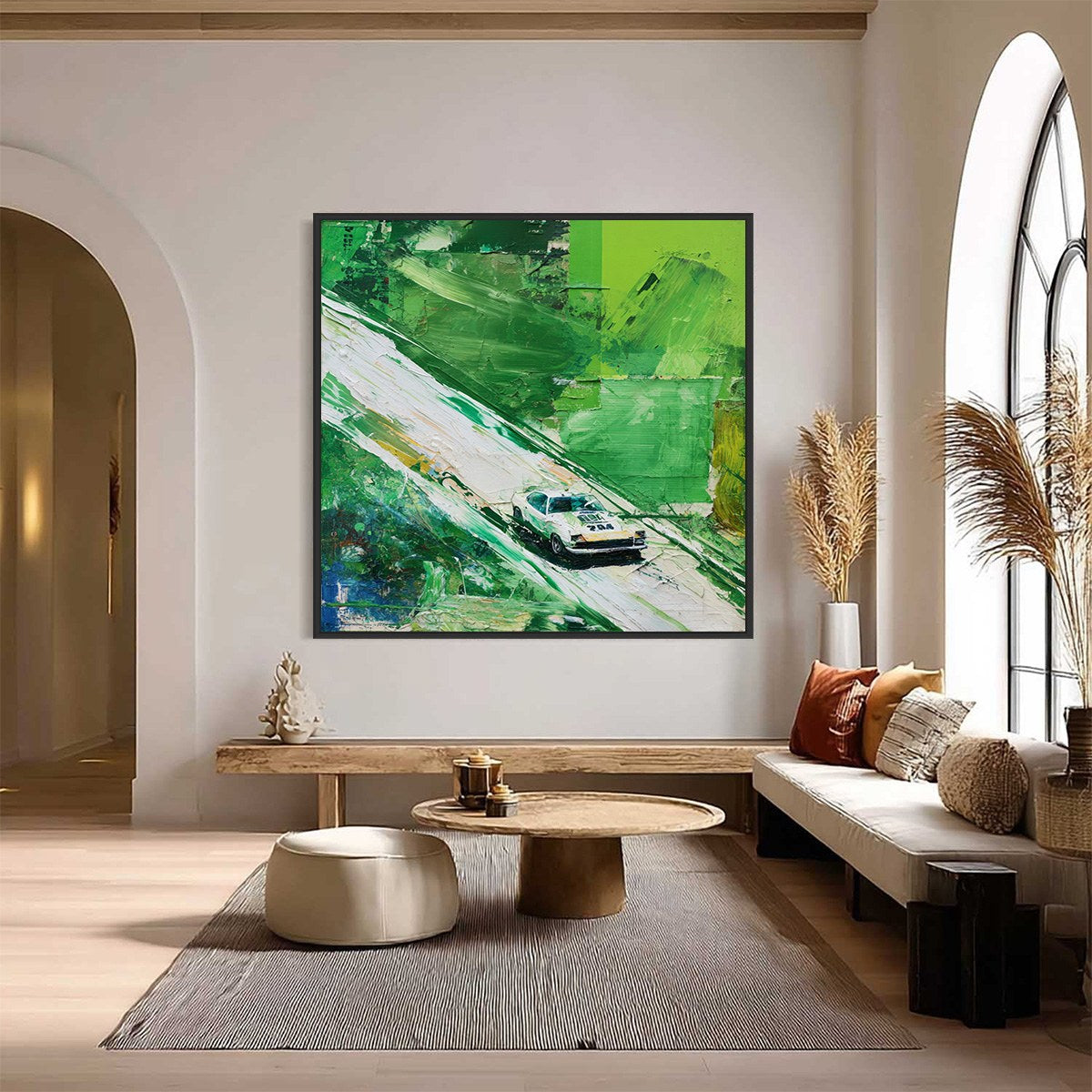 EMERALD RUSH: Textured Sports Car Racing Impasto Oil Painting - Image 2