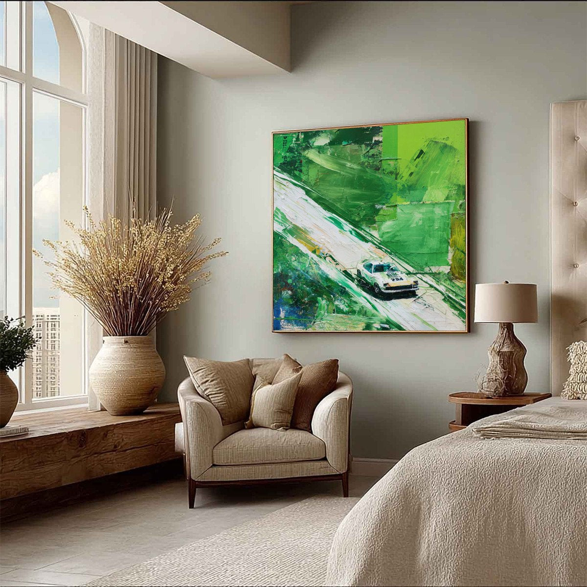 EMERALD RUSH: Textured Sports Car Racing Impasto Oil Painting - Image 8