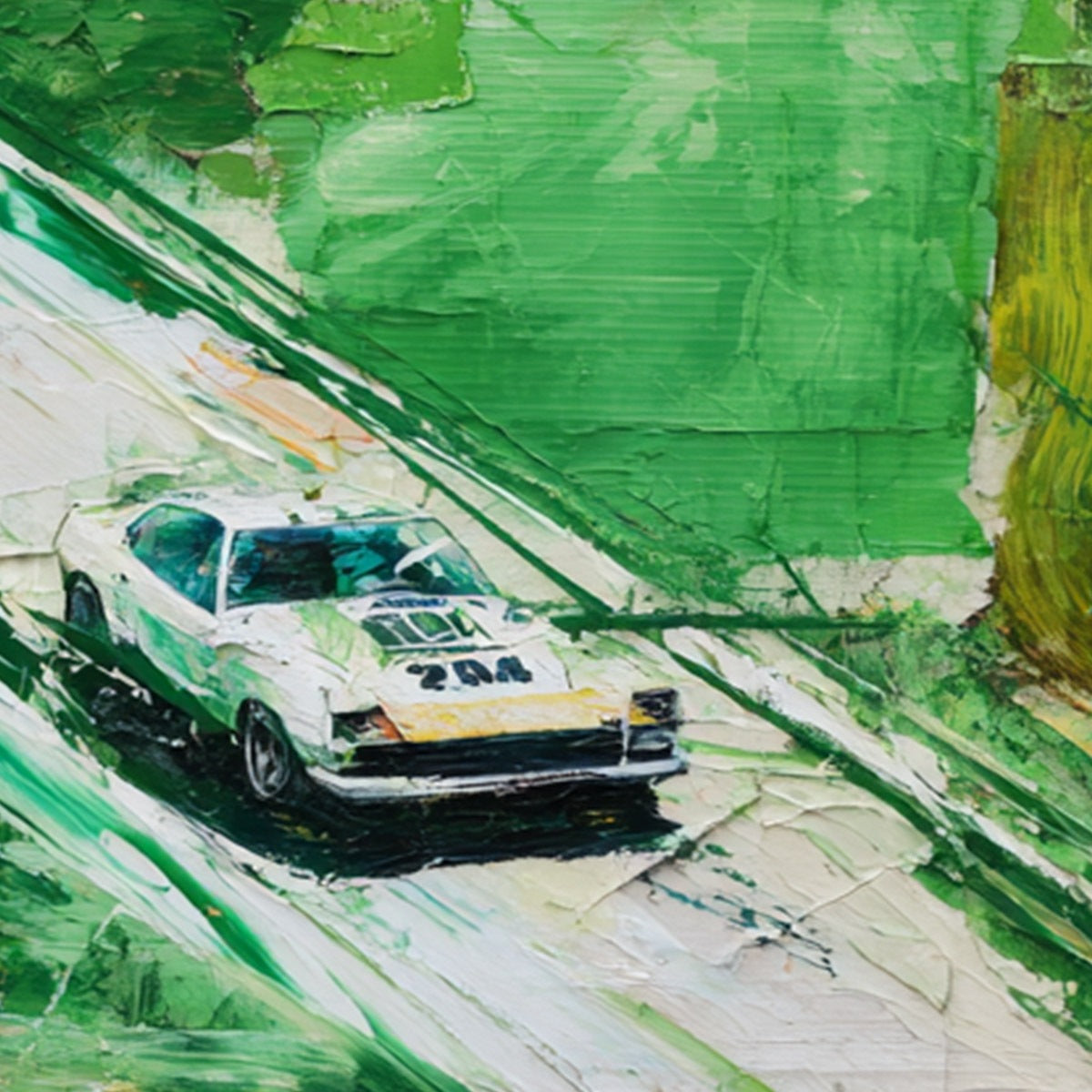 EMERALD RUSH: Textured Sports Car Racing Impasto Oil Painting - Image 3