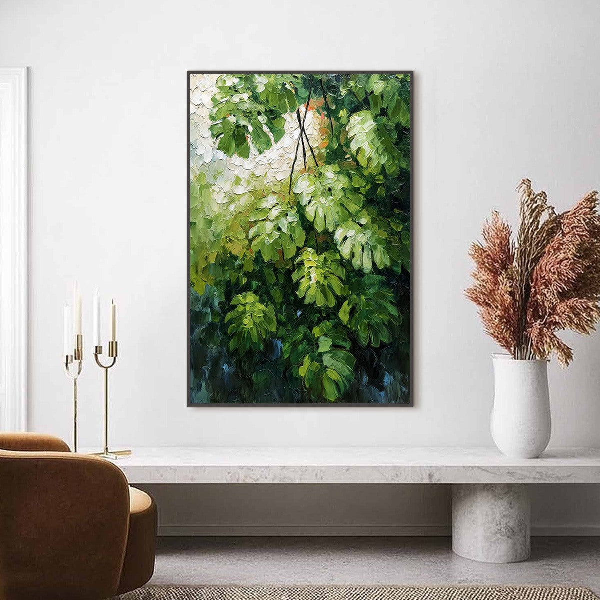 EMERALD SANCTUARY: Textured Green Monstera Leaf Impasto Oil Painting - Image 2