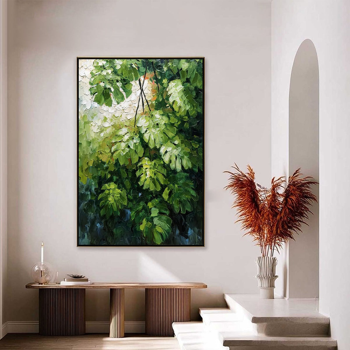 EMERALD SANCTUARY: Textured Green Monstera Leaf Impasto Oil Painting - Image 4