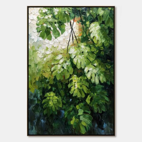 EMERALD SANCTUARY: Textured Green Monstera Leaf Impasto Oil Painting