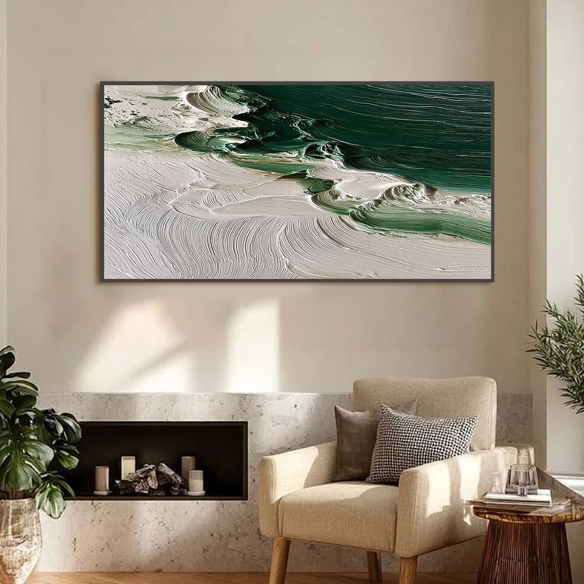 EMERALD TIDE: Textured Green and White Wabi Sabi Abstract Painting - Image 4
