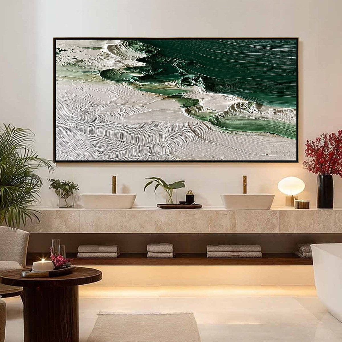 EMERALD TIDE: Textured Green and White Wabi Sabi Abstract Painting - Image 2