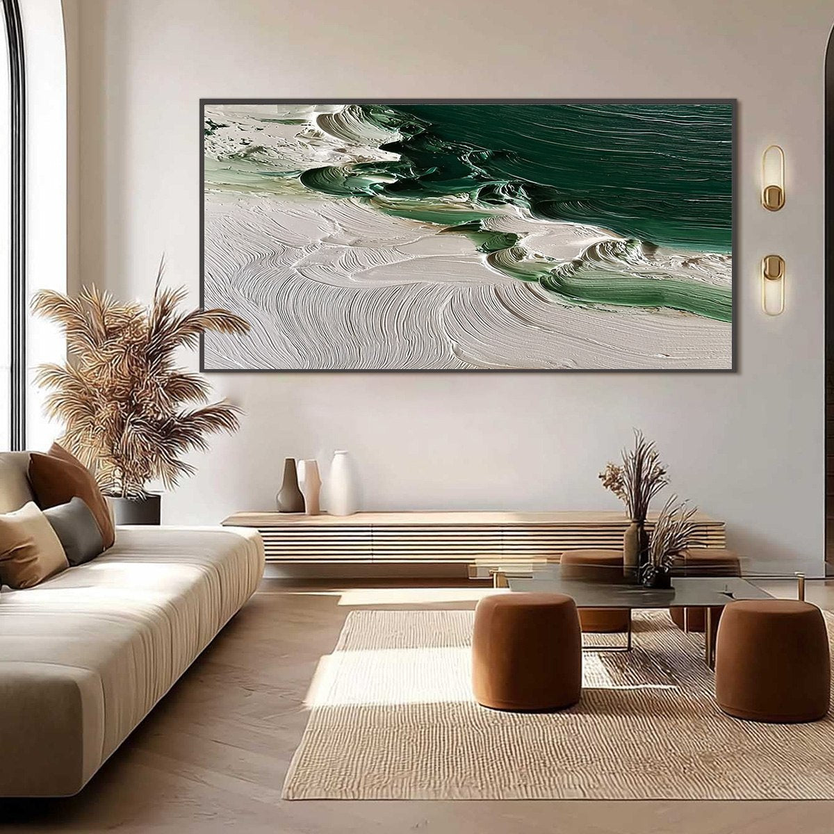 EMERALD TIDE: Textured Green and White Wabi Sabi Abstract Painting - Image 6