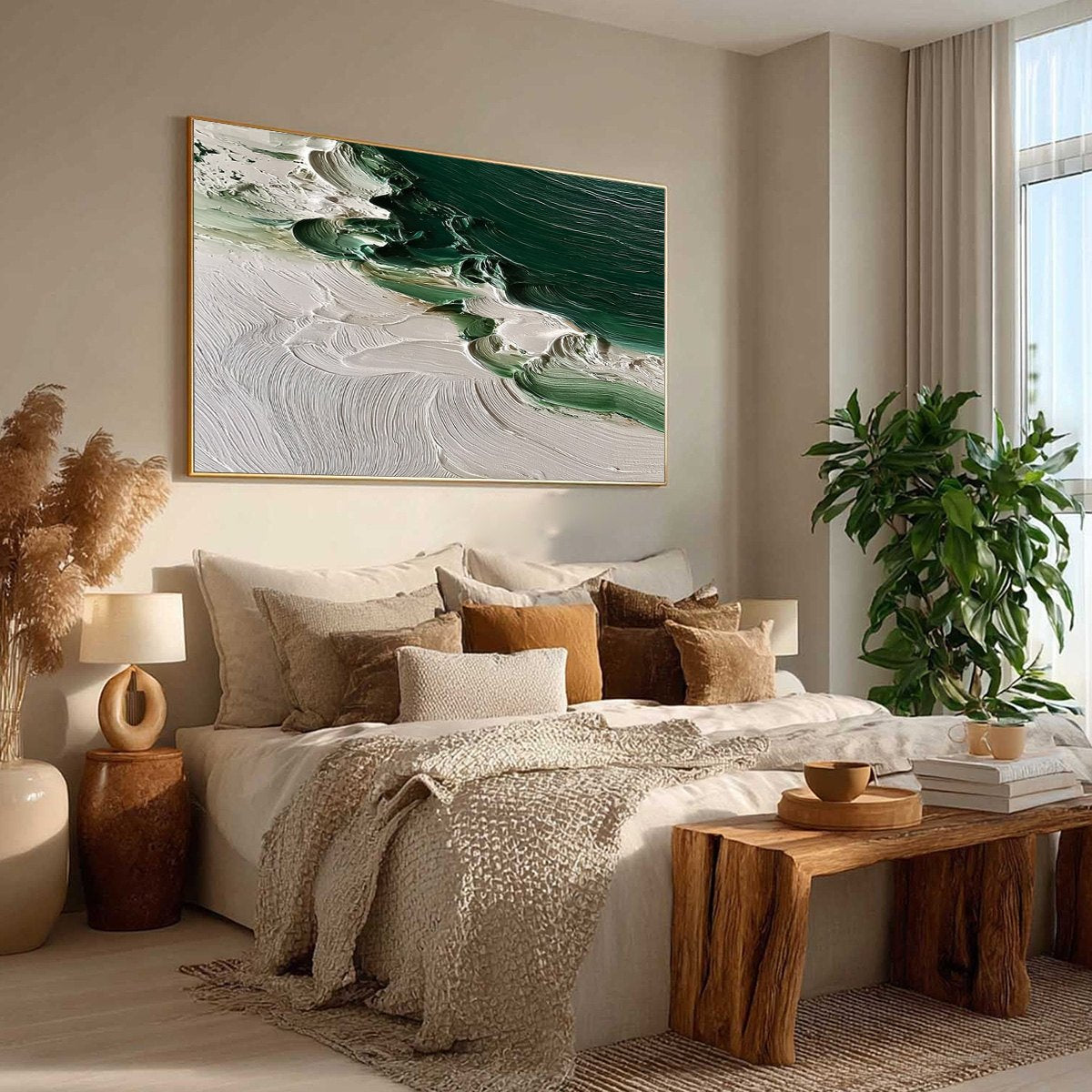 EMERALD TIDE: Textured Green and White Wabi Sabi Abstract Painting - Image 8