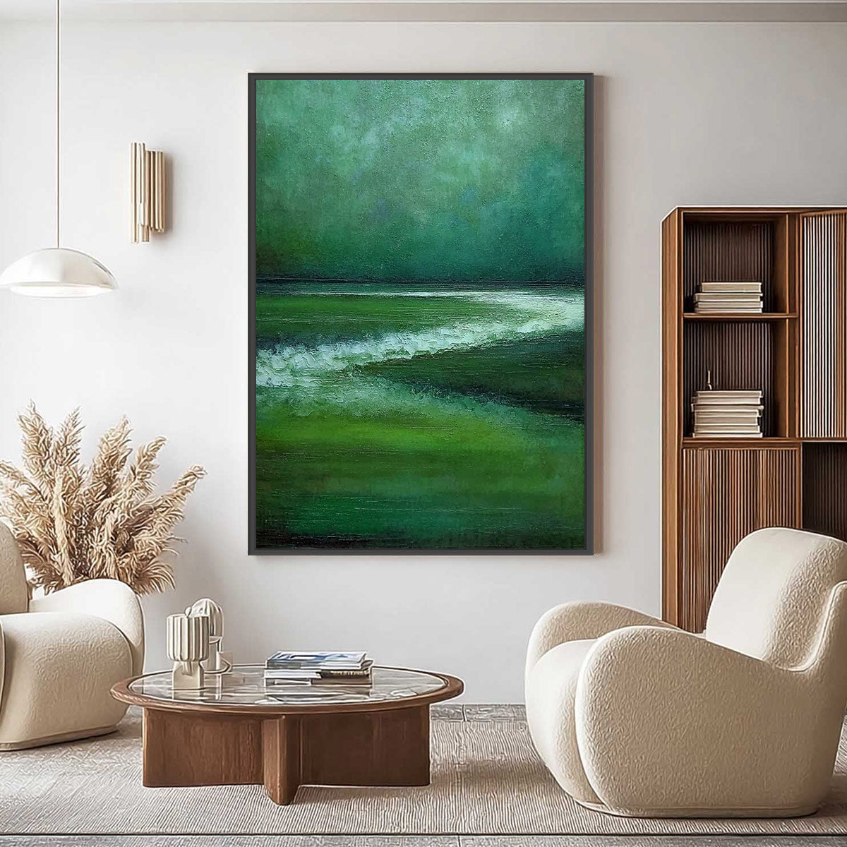 EMERALD TIDE: Textured Wabi Sabi Abstract Seascape Painting - Image 2