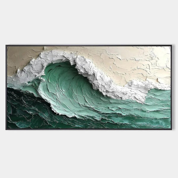 EMERALD CREST: Textured Green Wave Impasto Oil Painting