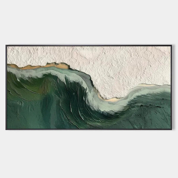 EMERALD DEPTHS: Textured Abstract Seascape Painting, Green and White Wall Art, Panoramic Canvas, Coastal Decor