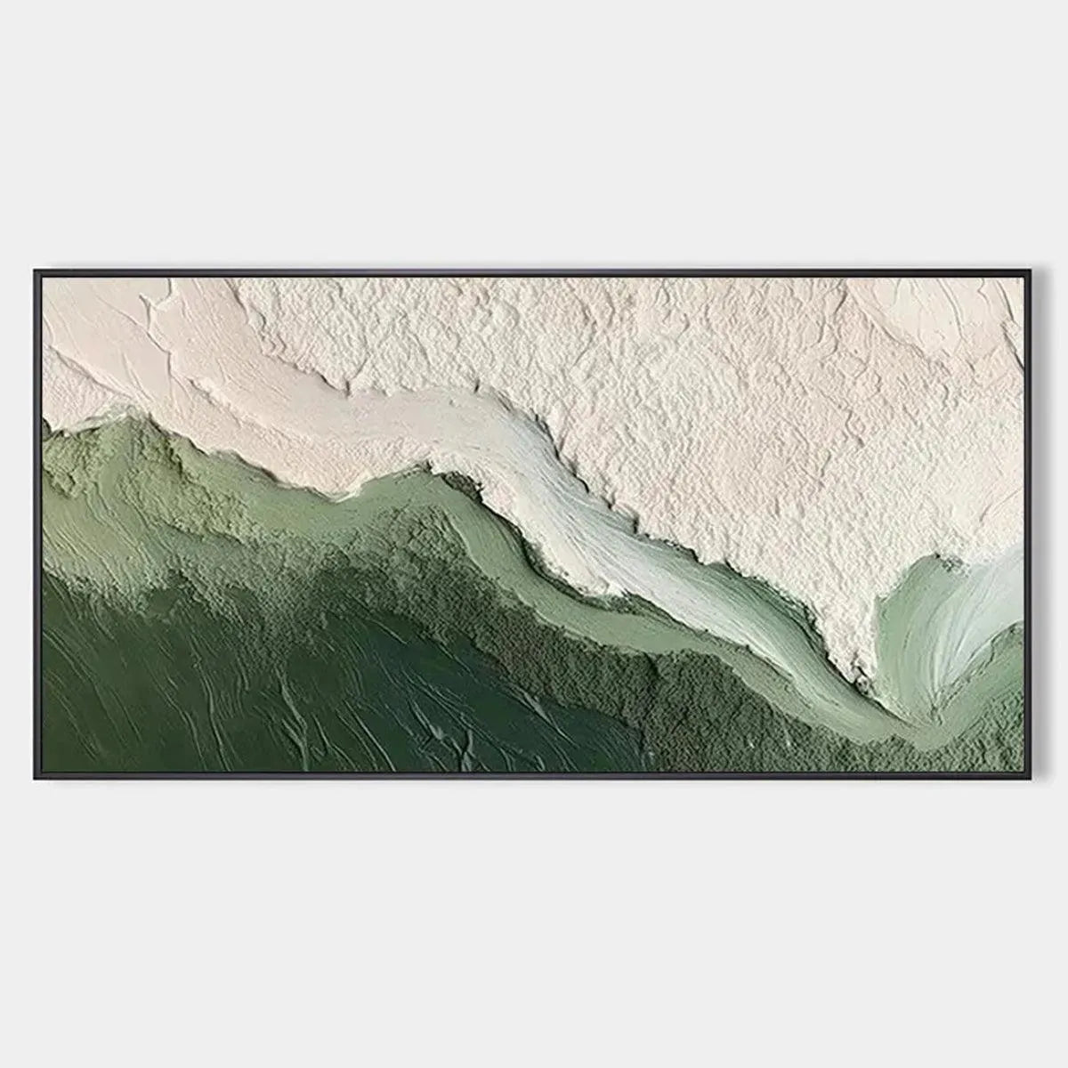 EMERALD FLOW: Textured Abstract Landscape Painting, Green and White Wall Art, Panoramic Canvas, Nature-Inspired Decor