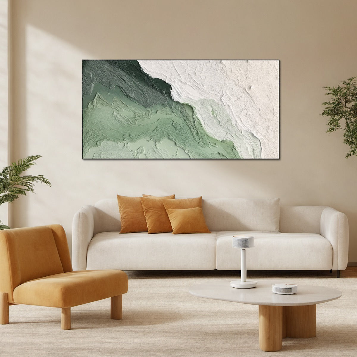 EMERALD FLOW: Textured Abstract Green and White Oil Painting - Image 2