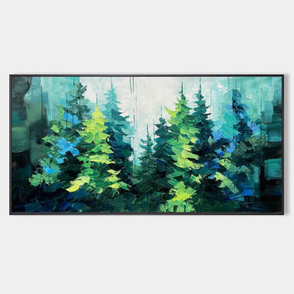 EMERALD FOREST: Panoramic Landscape Painting of an Evergreen Forest, Textured Impasto, Modern Wall Art, Green