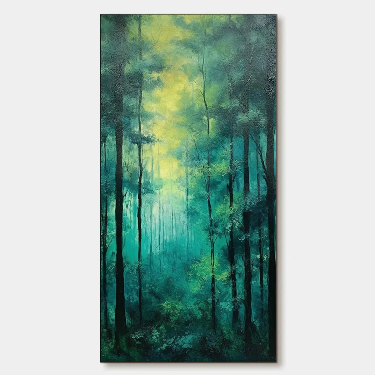 EMERALD FOREST PATH: Vertical Forest Painting, Green Woodland Scene, Nature Wall Art, Living Room