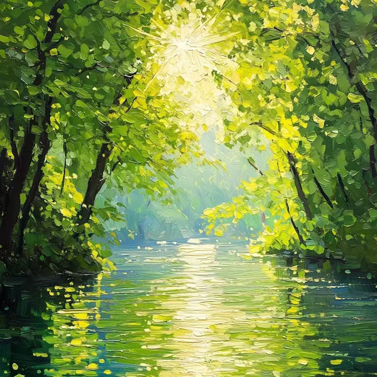 EMERALD GLOW: Impressionist Forest River Landscape Painting - Image 7