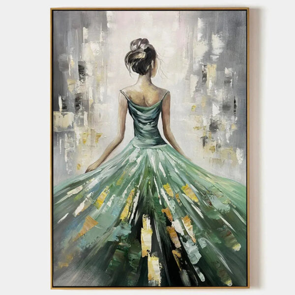 EMERALD GRACE: Elegant Woman in Green Dress, Vertical Canvas, Figurative Wall Art