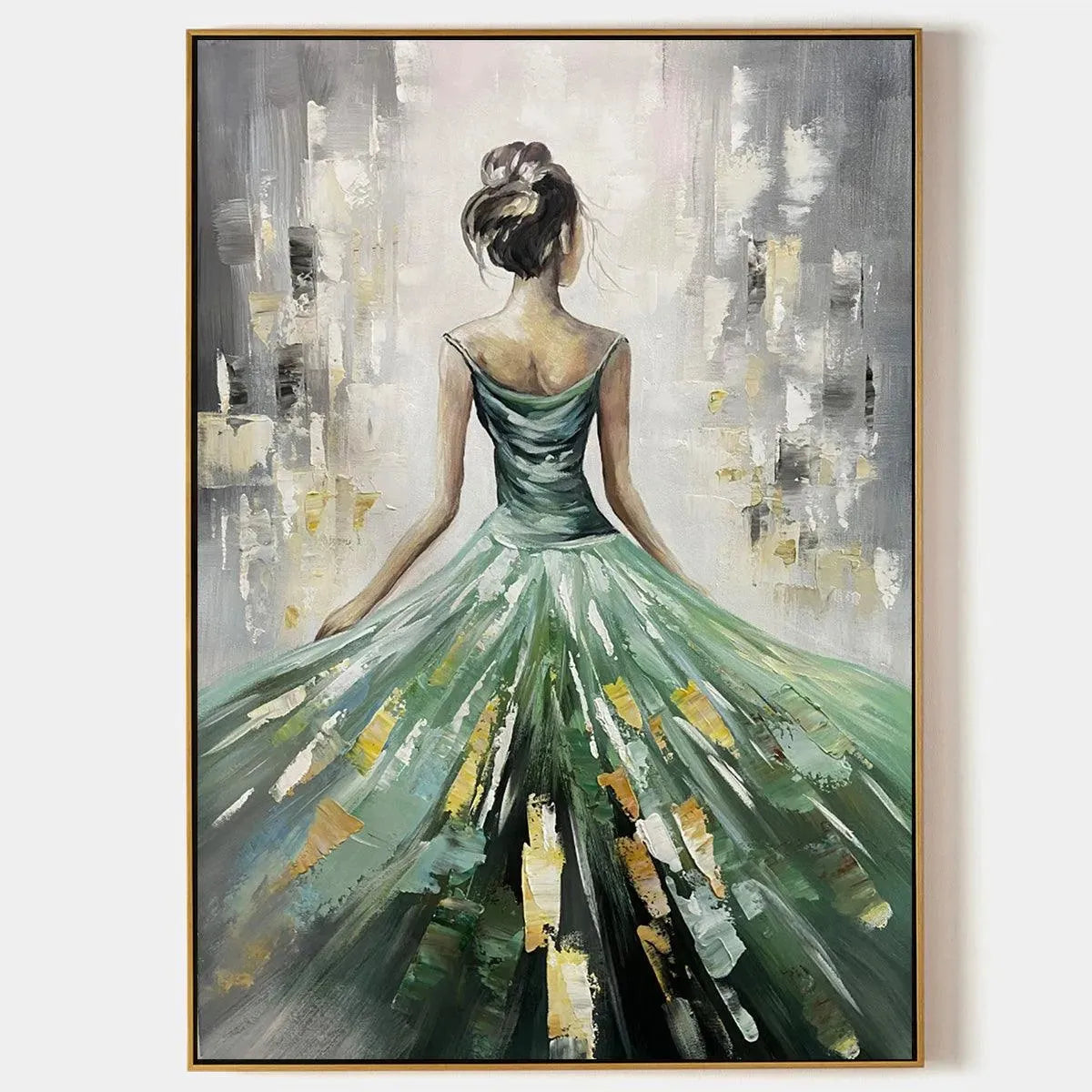 EMERALD GRACE: Elegant Woman in Green Dress, Vertical Canvas, Figurative Wall Art