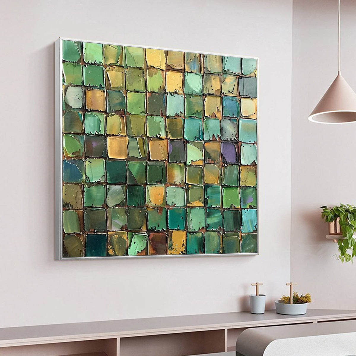 EMERALD MOSAIC: Textured Abstract Green and Gold Oil Painting - Image 5